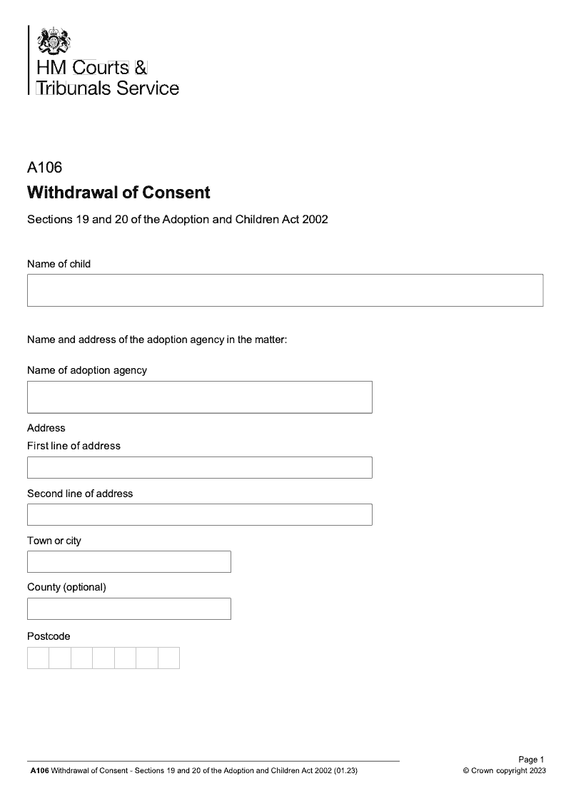 A106 Withdrawal of Consent Sections 19 and 20 of the Adoption and Children Act 2002 preview