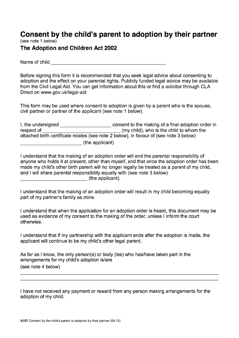 A107 Consent by the child's parent to adoption by their partner (The