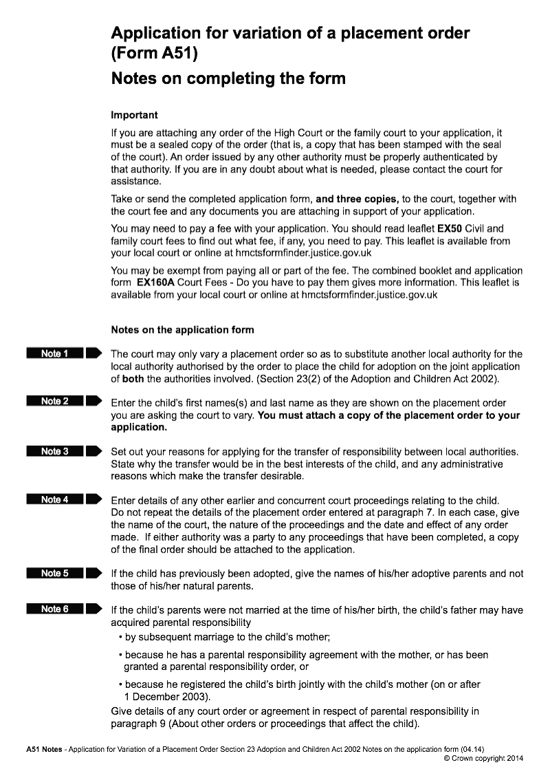 A51 Notes Application for variation of a placement order Form A51 Notes on completing the form preview