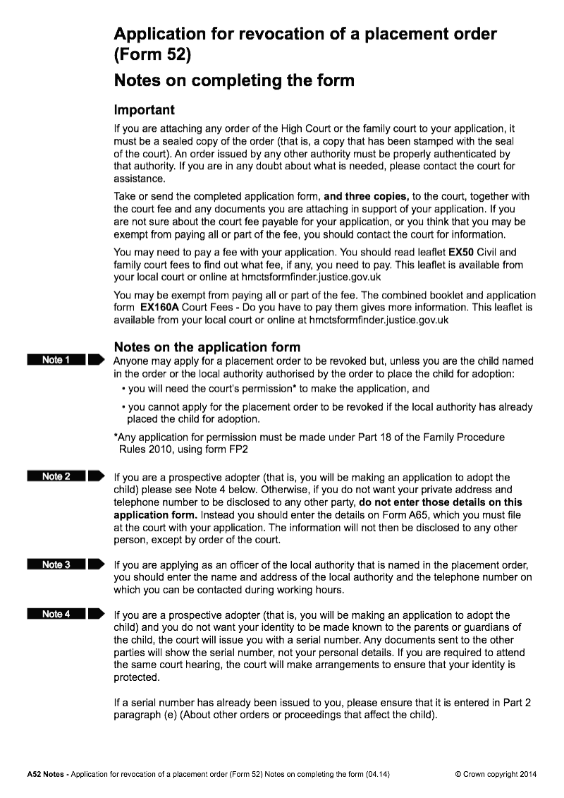 A52 Notes Application for revocation of a placement order Form 52 Notes on completing the form preview