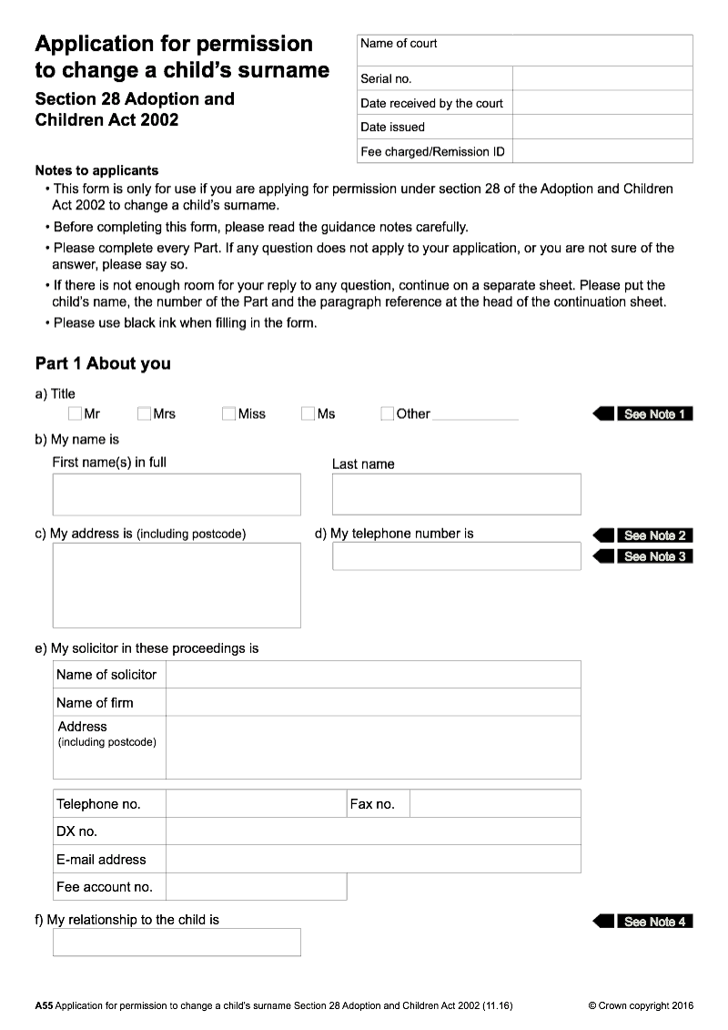 A55 Application for permission to change a child s surname Section 28 Adoption and Children Act 2002 preview