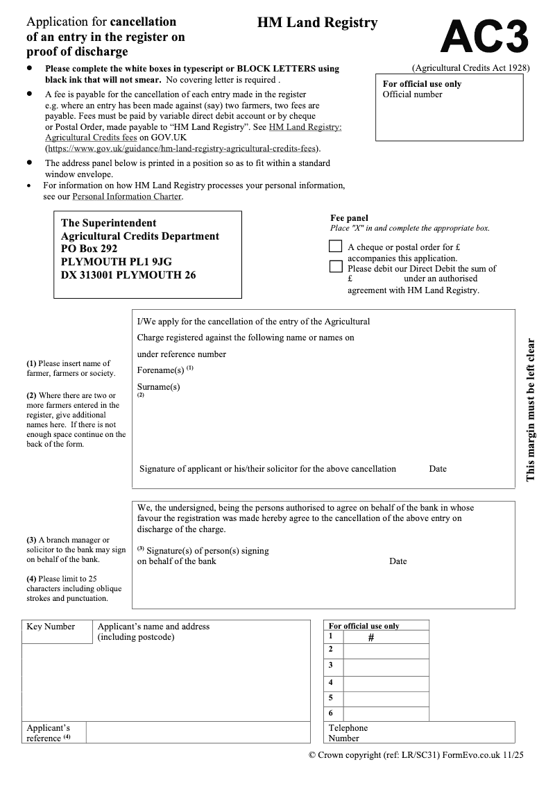 AC3 Application for cancellation of an entry in the register on proof of discharge Agricultural Credits Act 1928 preview