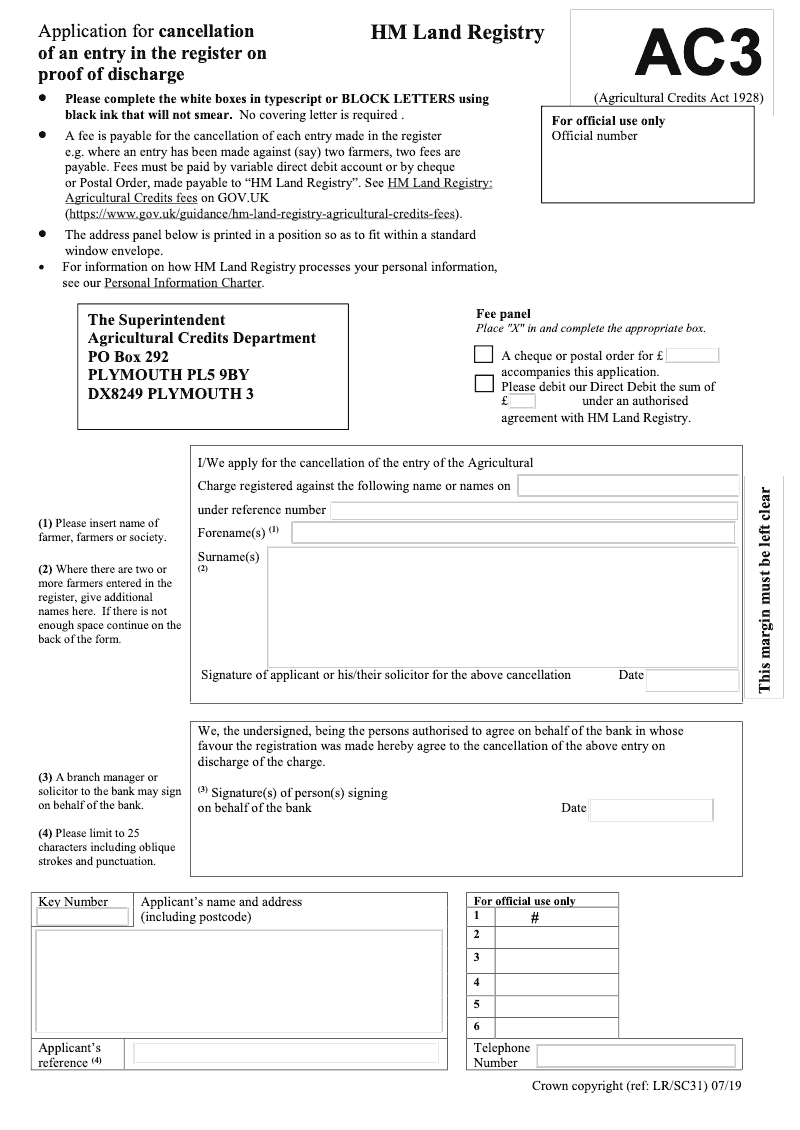 AC3 Application for cancellation of an entry in the register on proof of discharge Agricultural Credits Act 1928 preview