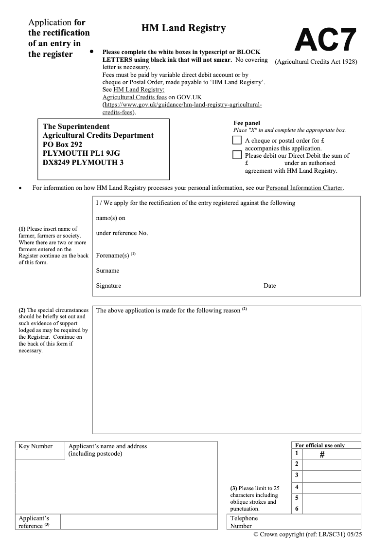 AC7 Application for the rectification of an entry in the register Agricultural Credits Act 1928 preview