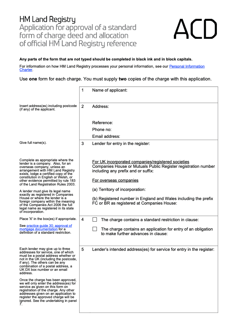 ACDX Application for approval of a standard form of charge deed and allocation of official HM Land Registry reference Word Version preview