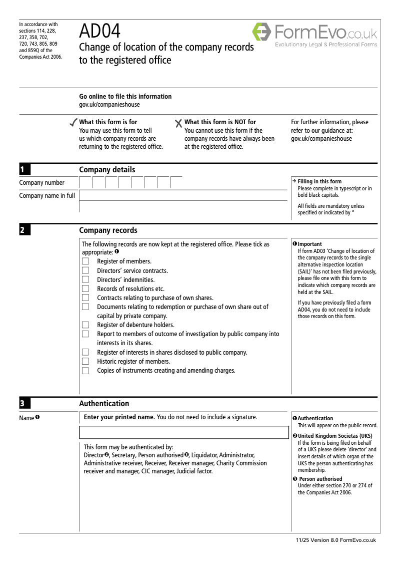 AD04 Change of location of the company records to the registered office preview