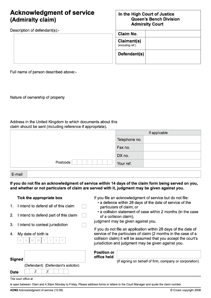 ADM2 Acknowledgment of service (Admiralty claim)