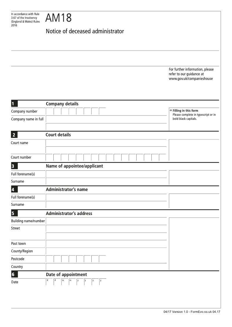 AM18 Notice of deceased administrator Rule 3 67 preview