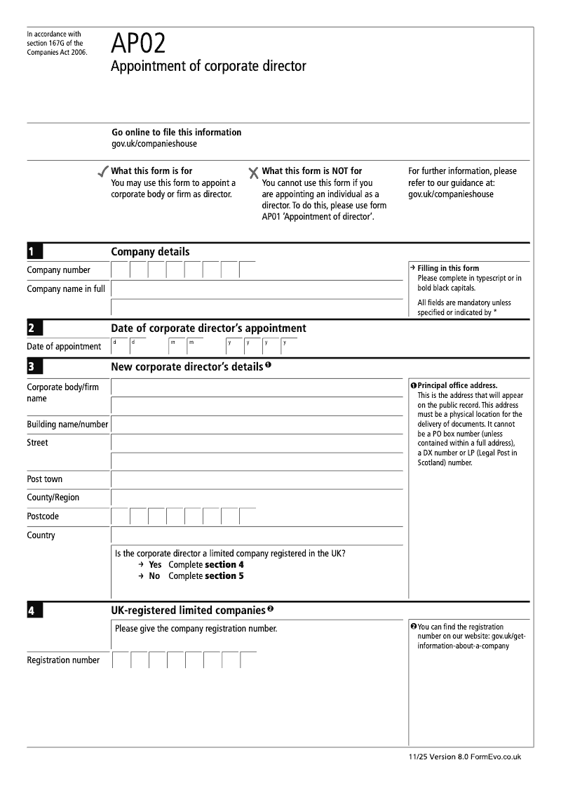 AP02 Appointment of corporate director Section 167 preview