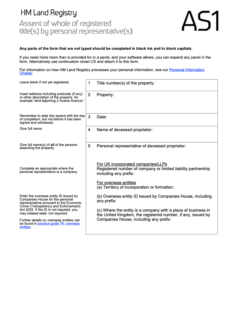 AS1X Assent of whole of registered title s by personal representative s Word Version preview