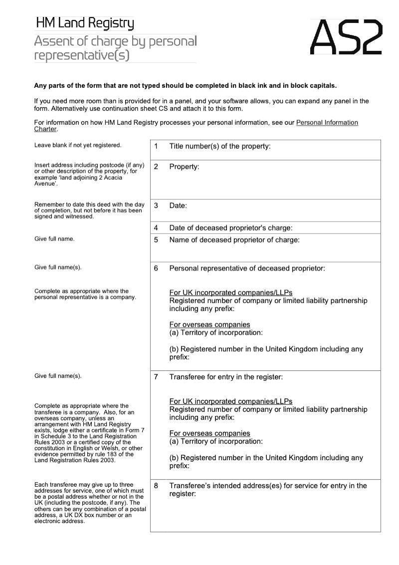 AS2 Assent of charge by personal representative preview