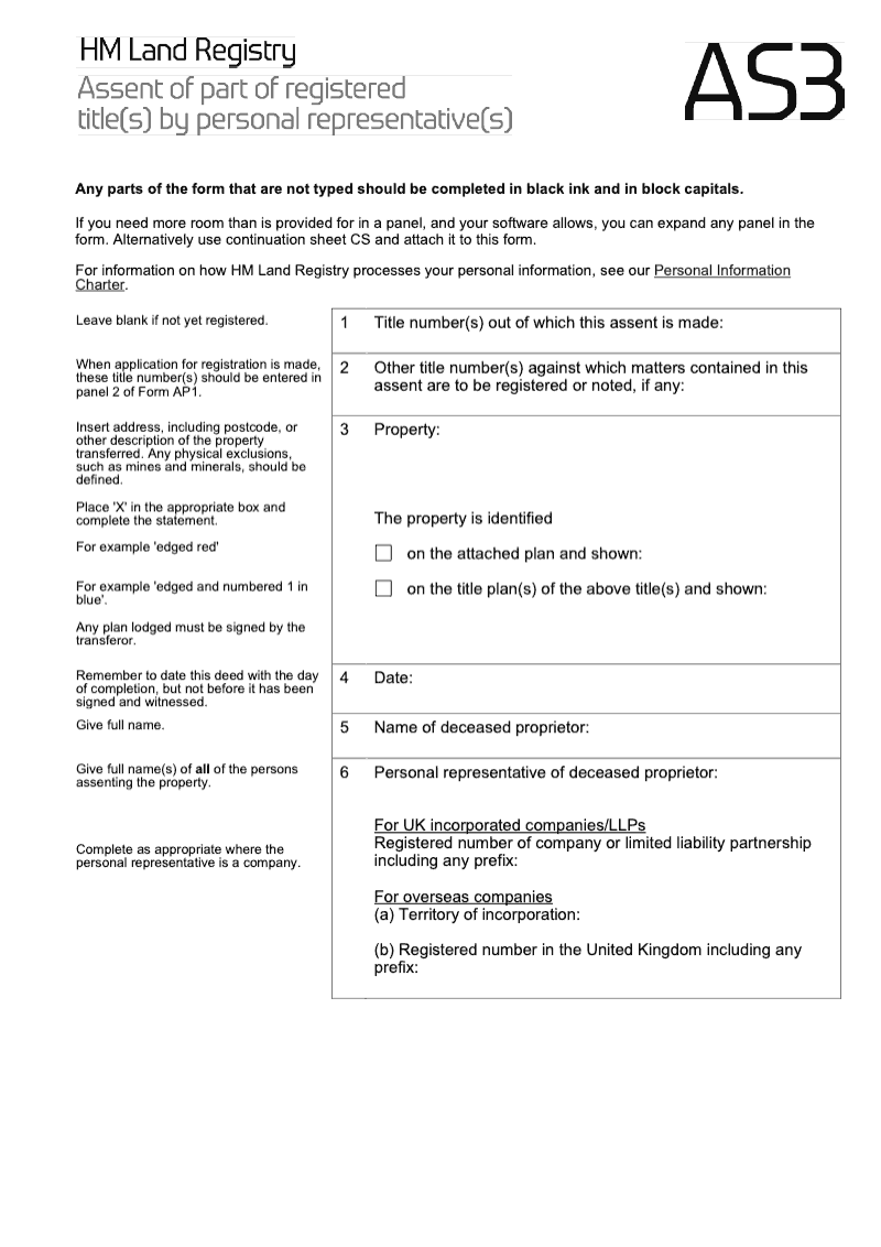 AS3 Assent of part of registered title s by personal representative preview