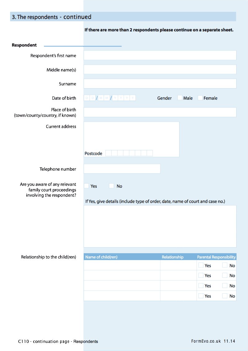 C110 C2 Continuation page additional respondents Form C110 Application under the Children Act 1989 for a care or supervision order preview