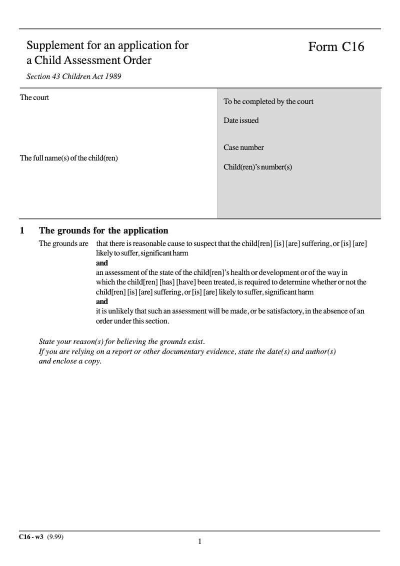 C16 Supplement for an application for a Child Assessment Order preview