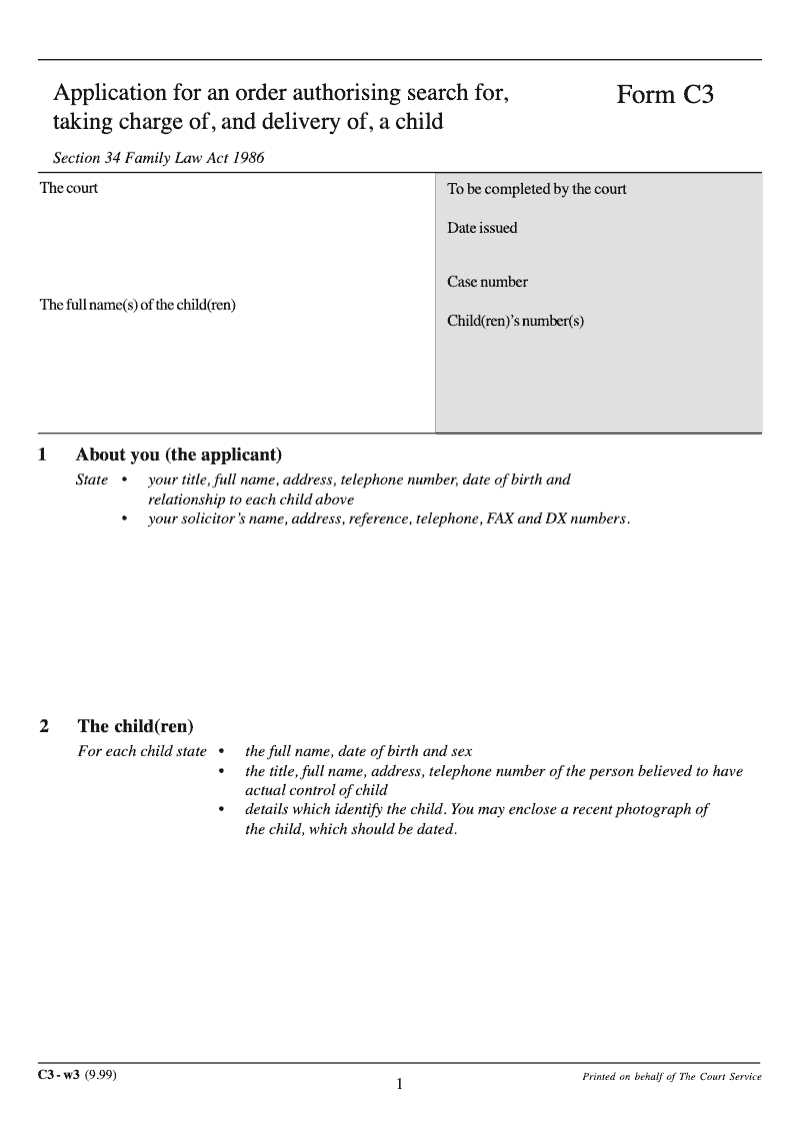 C3 Application for an order authorising search for taking charge of and delivery of a child Section 34 Family Law Act 1986 preview