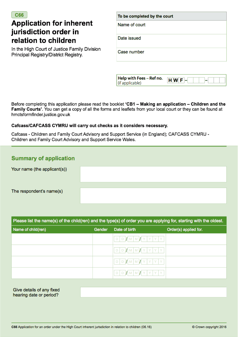 C66 Application for inherent jurisdiction order in relation to children preview