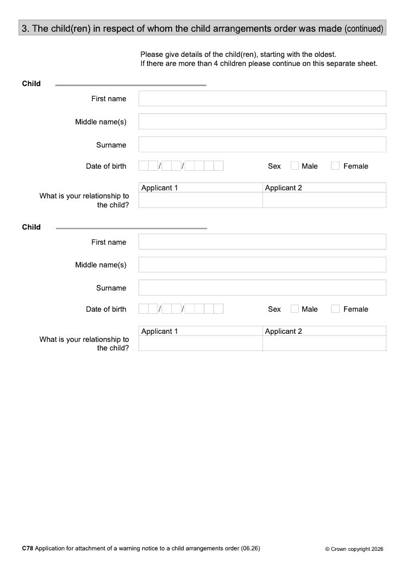 C78 Continuation Page 1 Continuation page additional children Form C78 Application for attachment of a warning notice to a child arrangements order preview