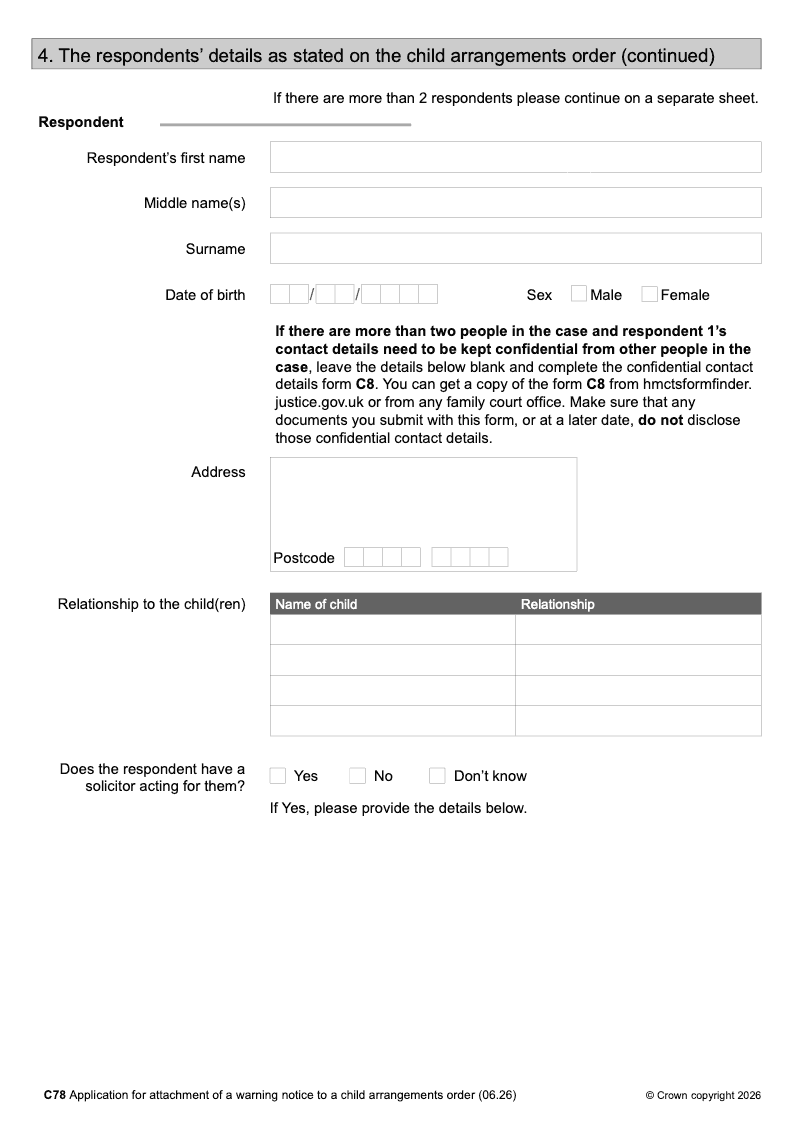 C78 Continuation Page 2 Continuation page additional respondents Form C78 Application for attachment of a warning notice to a child arrangements order preview