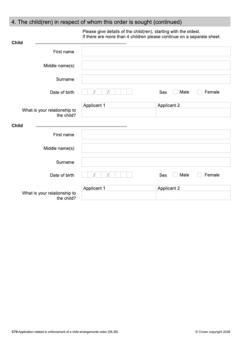 C79 Continuation Page 1 Continuation page additional children Form C79 Application related to enforcement of a child arrangements order preview