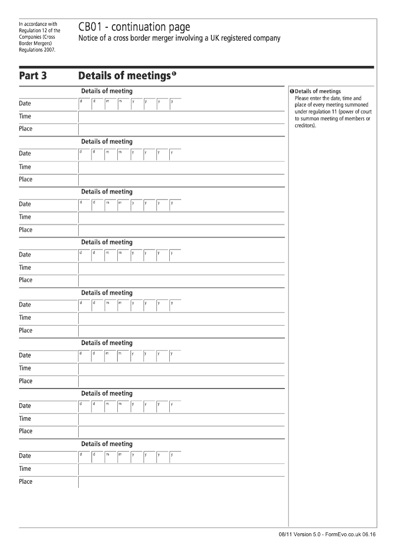 CB01 Continuation Page 2 Details of meetings continuation page CB01 Notice of a cross border merger involving a UK registered company preview