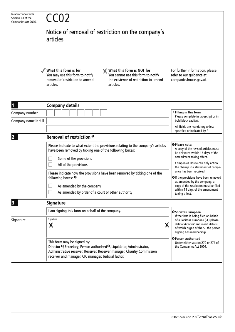 CC02 Notice of removal of restriction on the company s articles Section 23 preview
