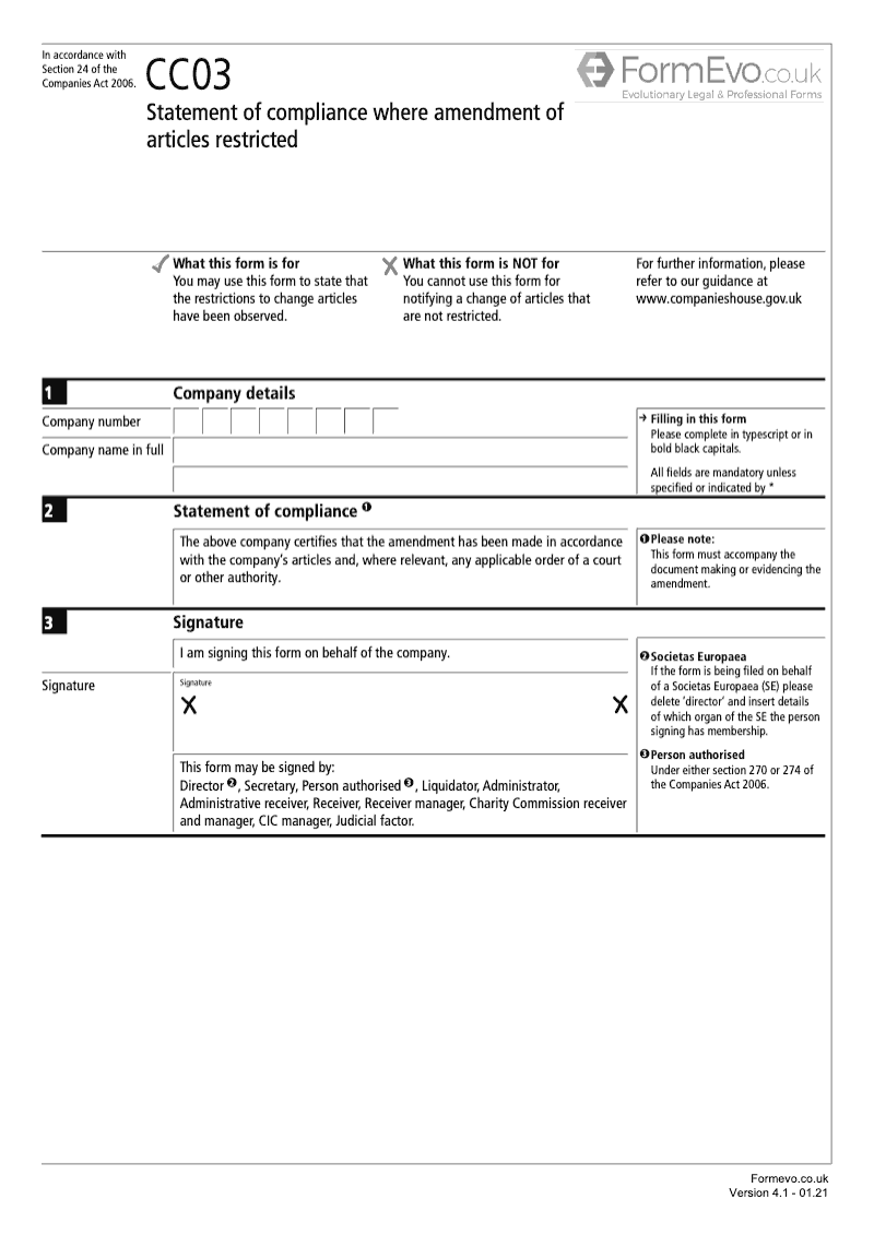 CC03 Statement of compliance where amendment of articles restricted Section 24 preview
