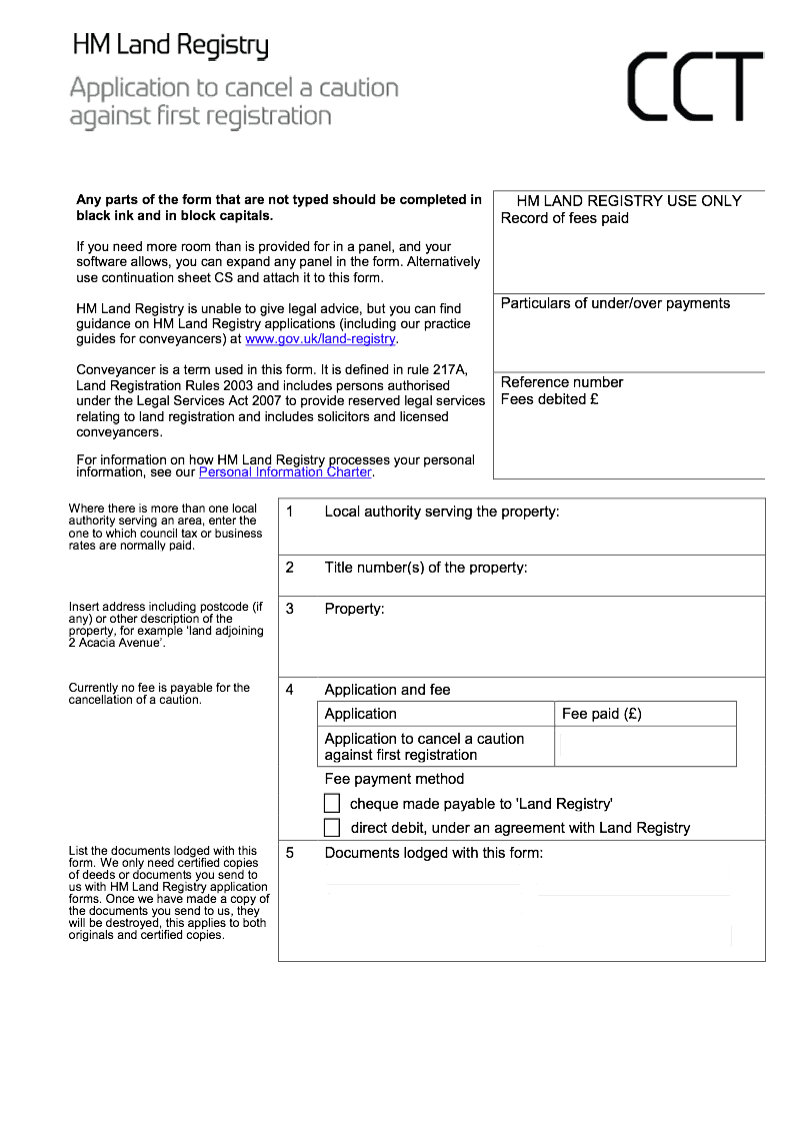 CCT Application to cancel a caution against first registration preview