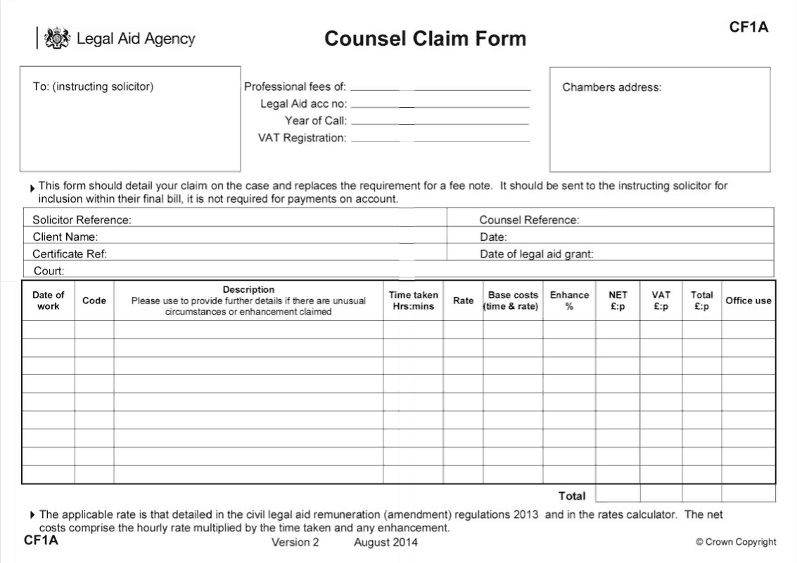 CF1A Counsel claim form Legal Aid Agency preview