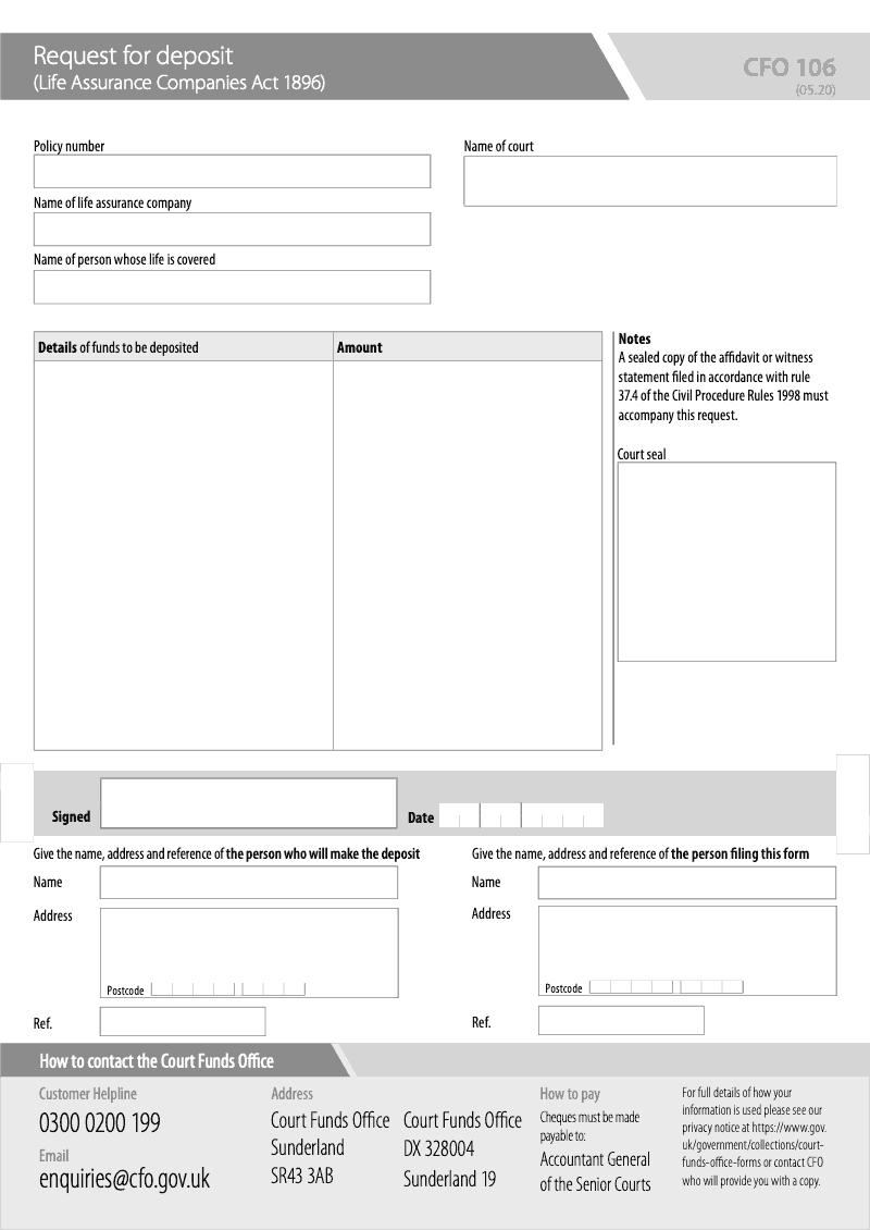 CFO 106 Request for deposit Life Assurance Companies Act 1896 preview