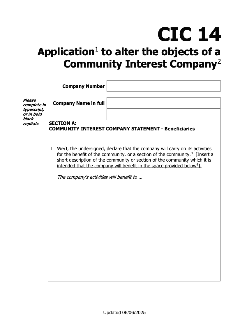 CIC14 Application to alter the objects of a Community Interest Company preview