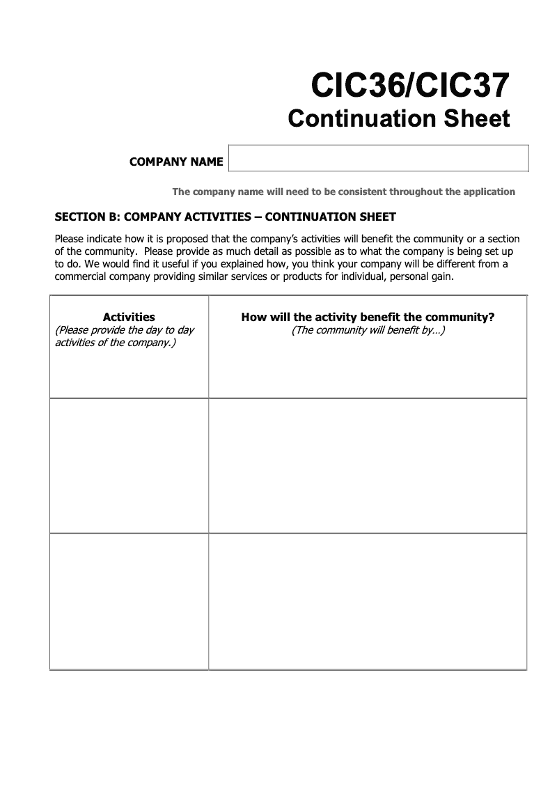 CIC36 CIC37 Continuation sheet Section B continuation sheet CIC36 and CIC37