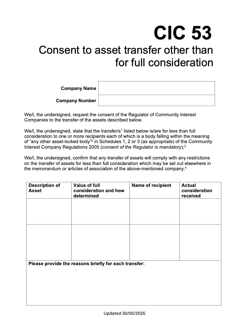 CIC53 Consent to asset transfer other than for full consideration preview