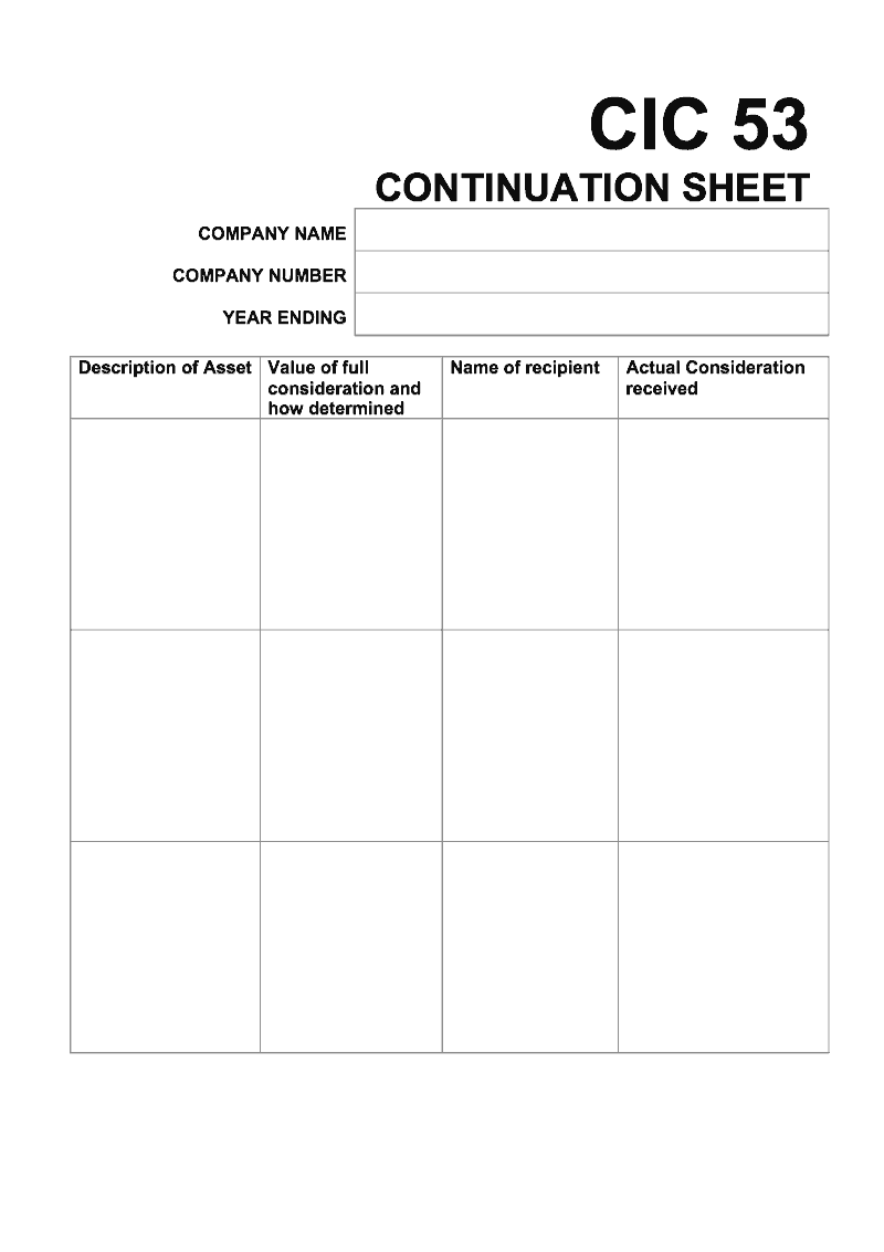 CIC53 Continuation sheet Asset details continuation sheet CIC53 Consent to asset transfer other than for full consideration preview