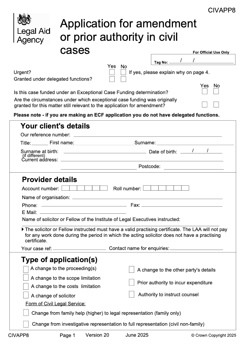 CIV APP8 Application for amendment or prior authority in civil cases preview