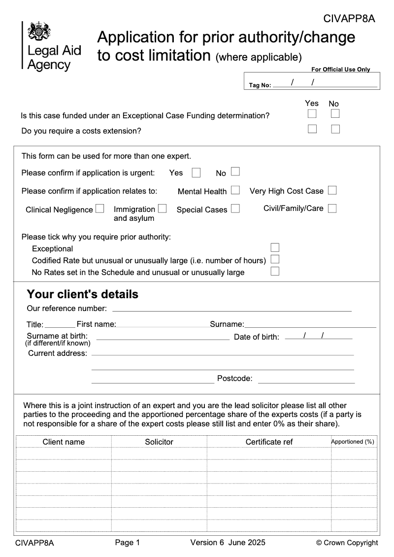 CIV APP8A Application for prior authority change to cost limitation preview