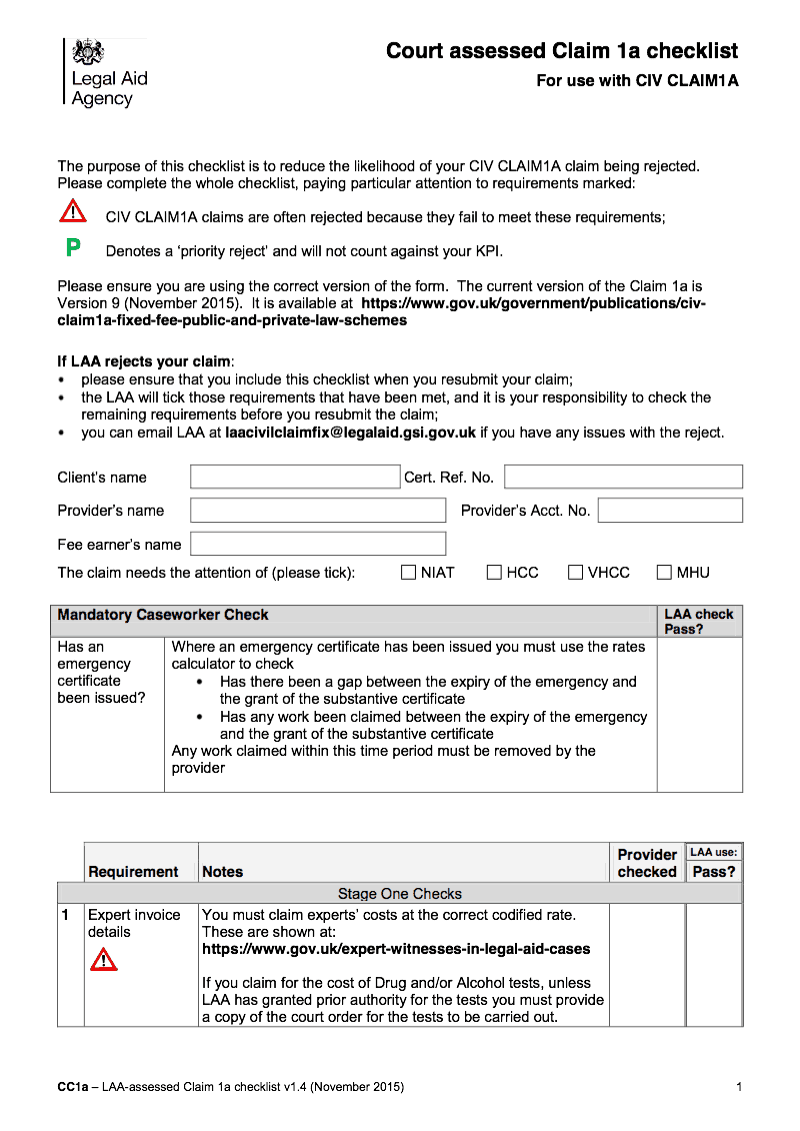 CIV CLAIM1A CC1a Checklist Court assessed Claim 1a checklist for use with CIV CLAIM1A Claim for assessment of costs or payment of costs following detailed assessment in civil cases preview