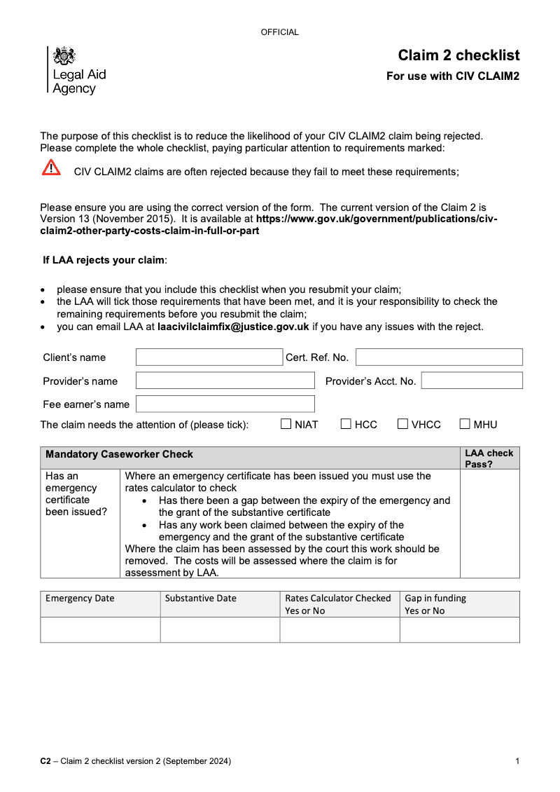 CIV CLAIM2 Checklist C2 For use with CIV CLAIM2 Report in civil cases costs met in part or in full by other party preview