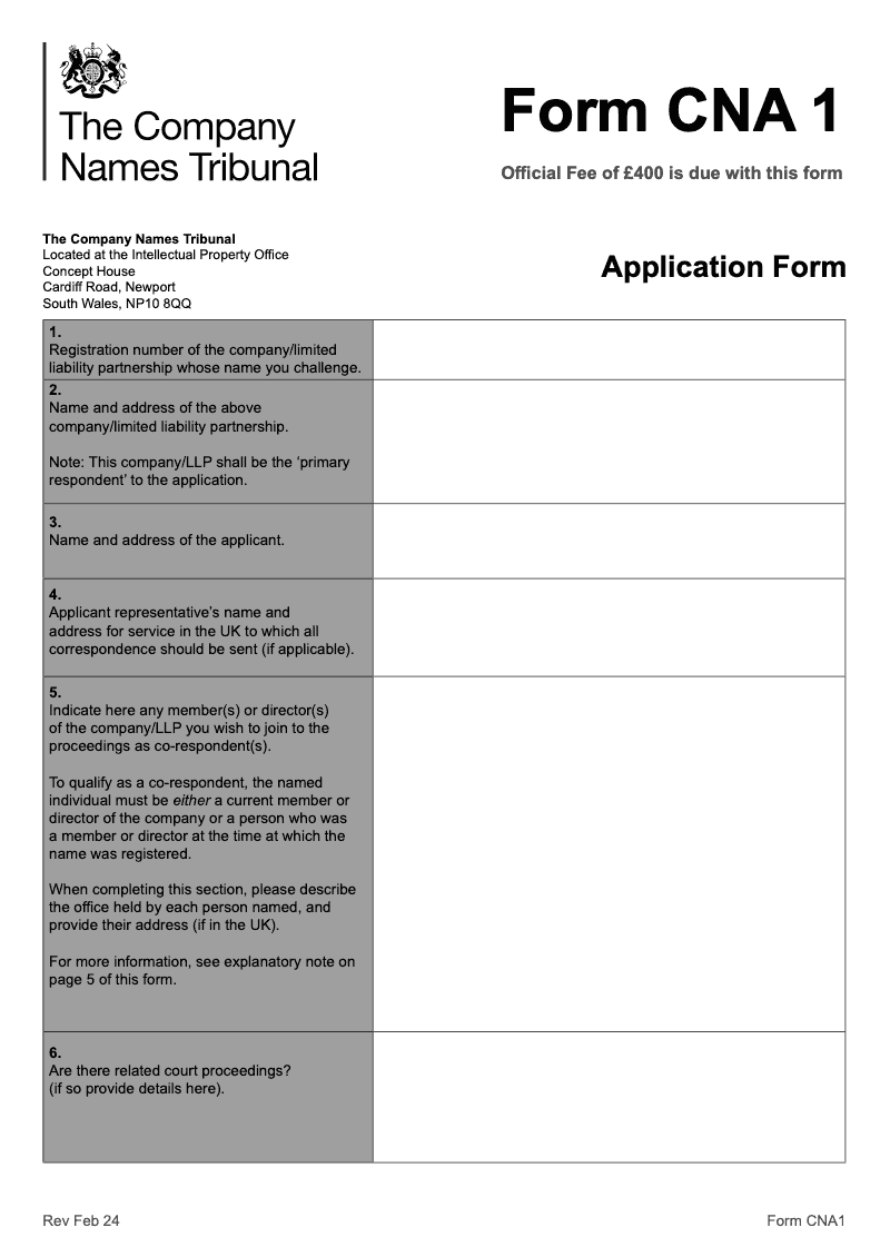 CNA1 Application form preview