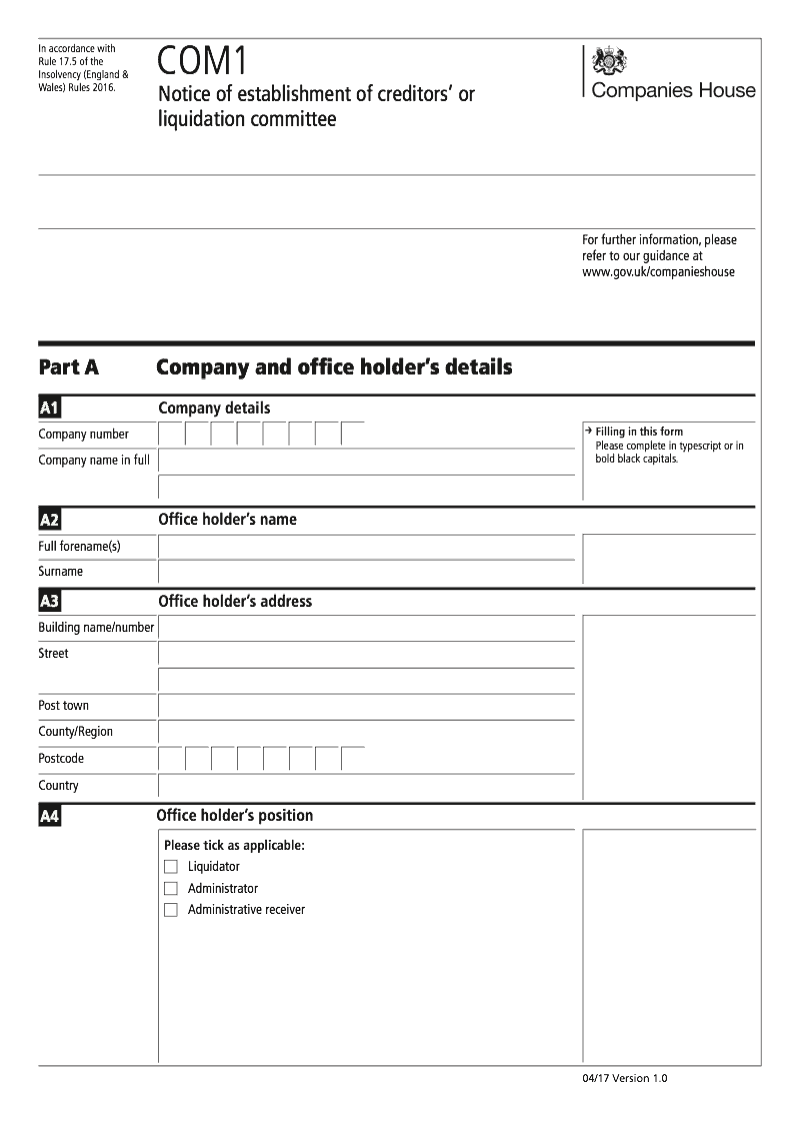 COM1 Notice of establishment of creditors or liquidation committee Rule 17 5 preview