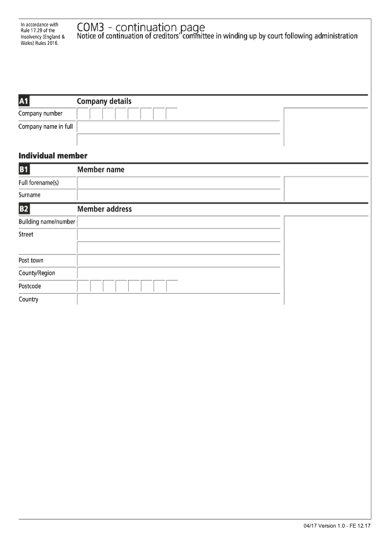 COM3 Continuation Page 1 Individual member continuation page COM3 Notice of continuation of creditors committee in winding up by court following administration preview