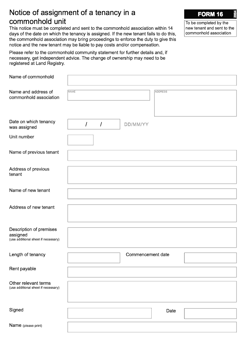 Commonhold 16 Notice of assignment of a tenancy in a commonhold unit Form 16 preview