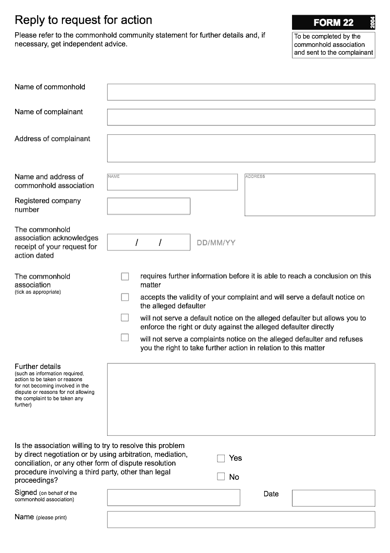 Commonhold 22 Reply to request for action Form 22 preview