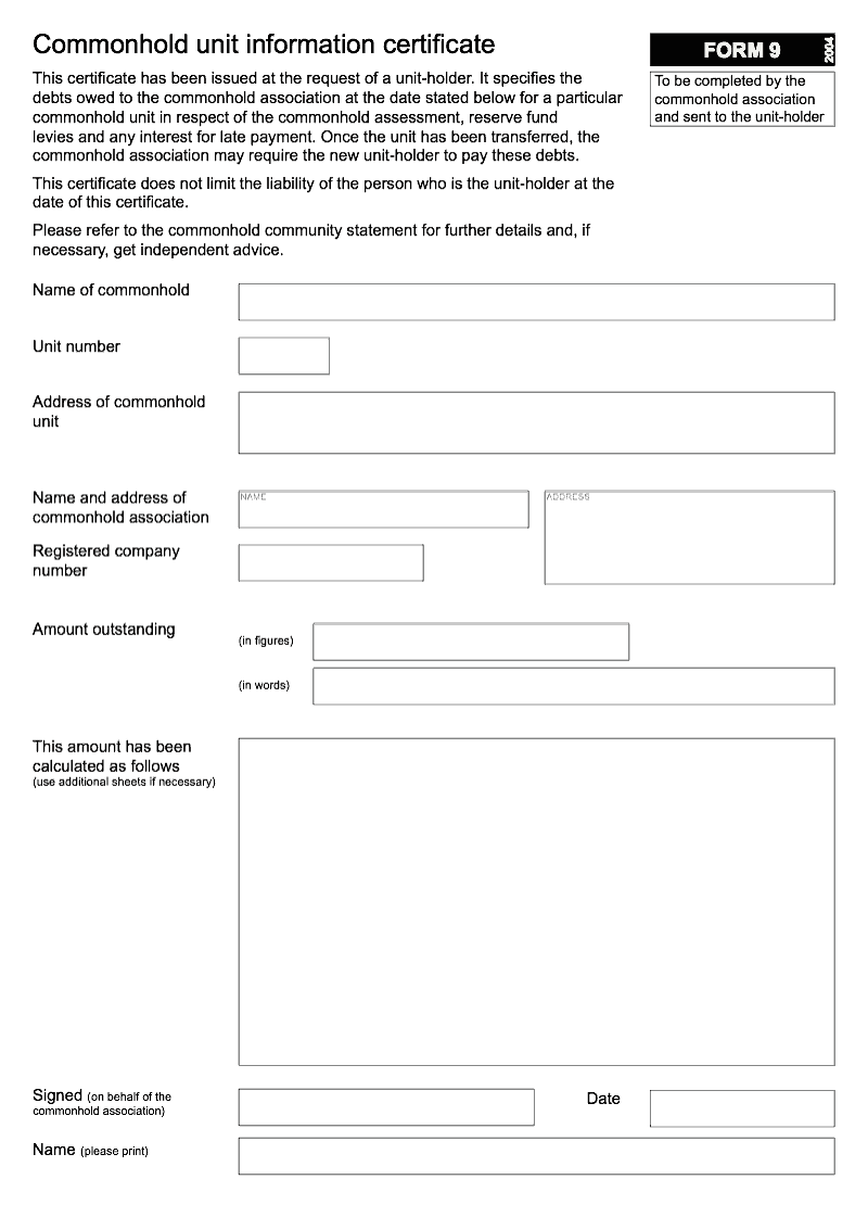 Commonhold 9 Commonhold unit information certificate Form 9 preview