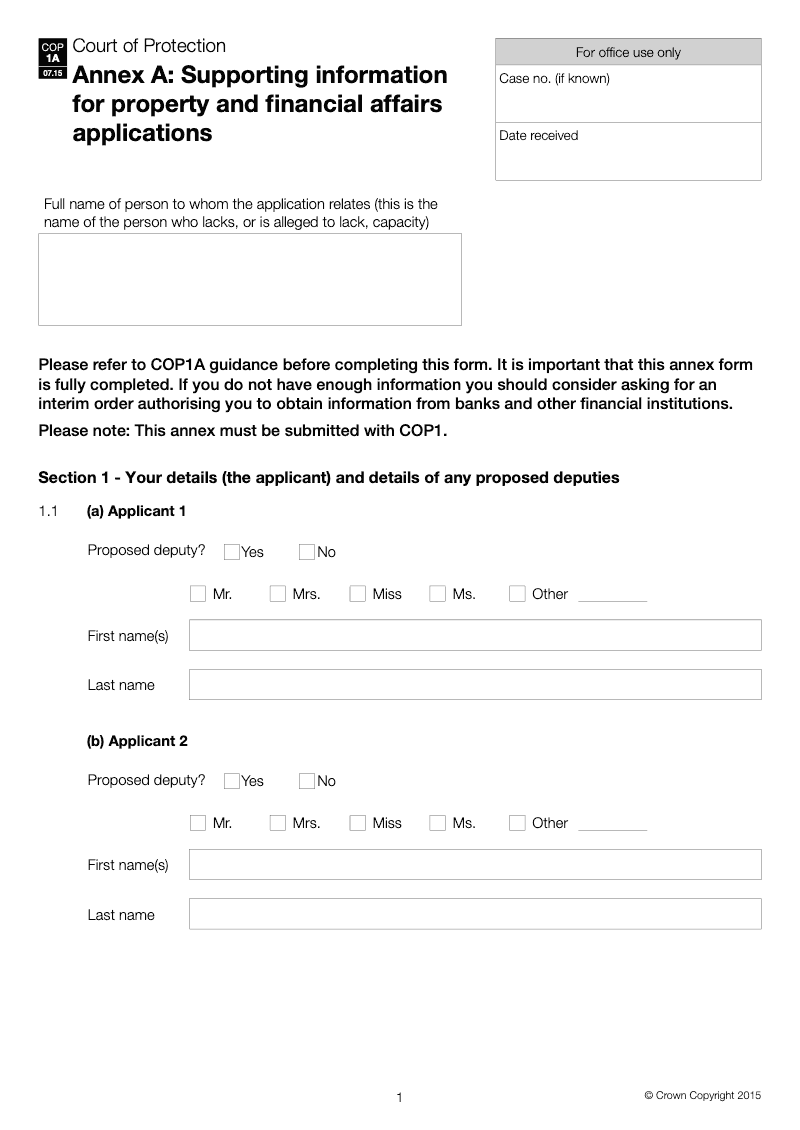 COP1A Annex A Supporting information for property and affairs applications preview