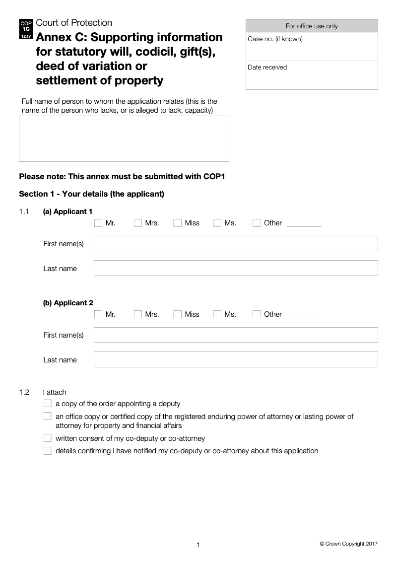 COP1C WF Annex C Supporting information for statutory will codicil gift s deed of variation or settlement of property COP Workflow form only preview