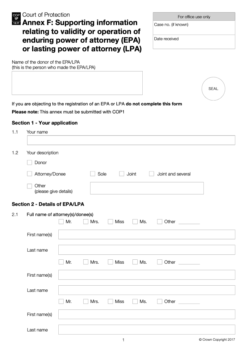 COP1F WF Annex F Supporting information relating to validity or operation of enduring power of attorney EPA or lasting power of attorney LPA COP Workflow only preview