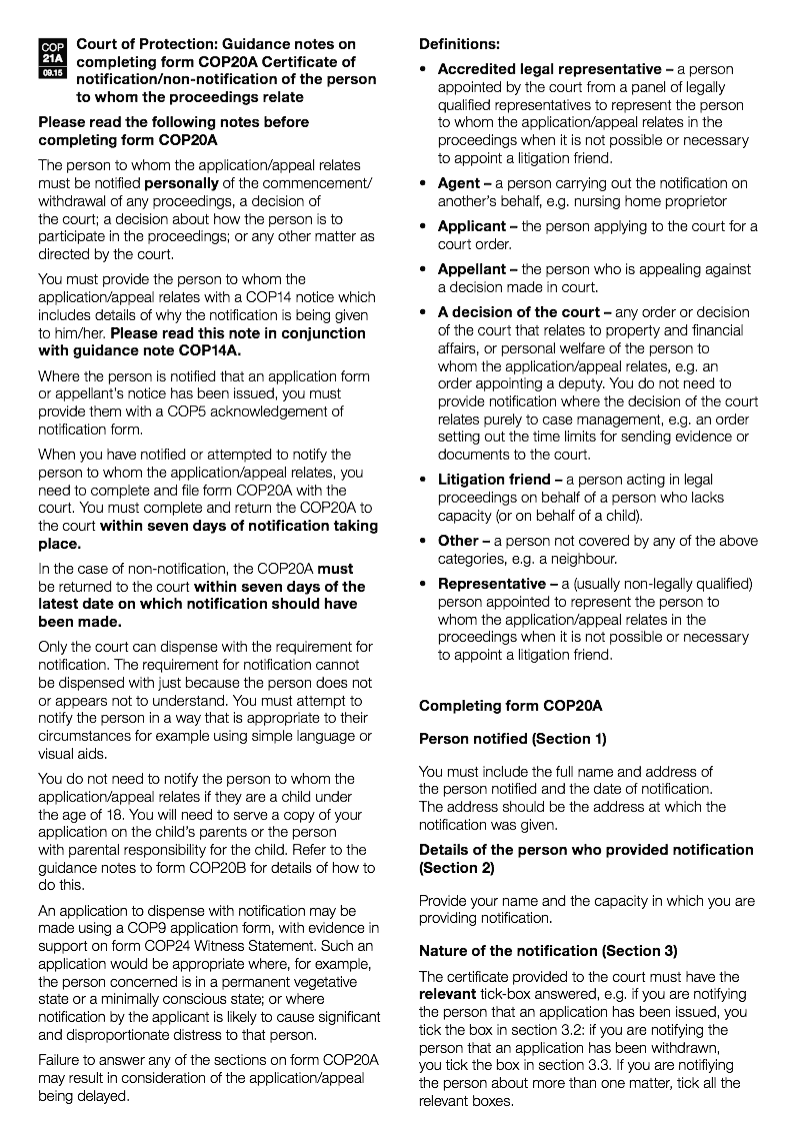 COP21A Guidance notes on completing form COP20A Certificate of notification non notification of the person to whom the proceedings relate preview