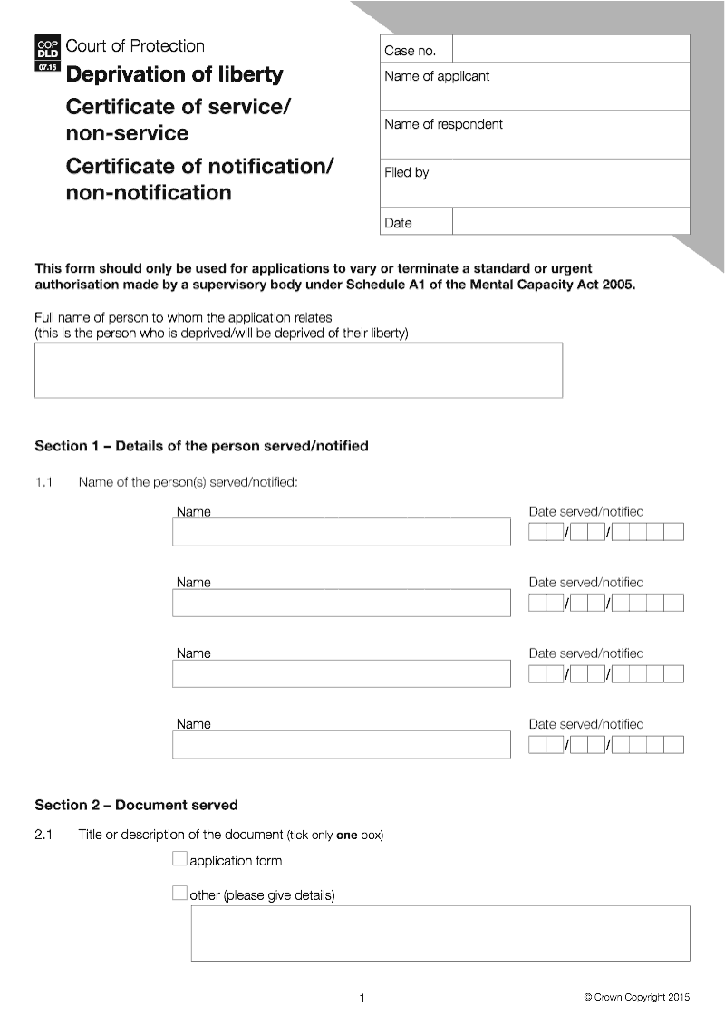 COPDLD Certificate of service non service and certificate of notification non notification Deprivation of liberty preview