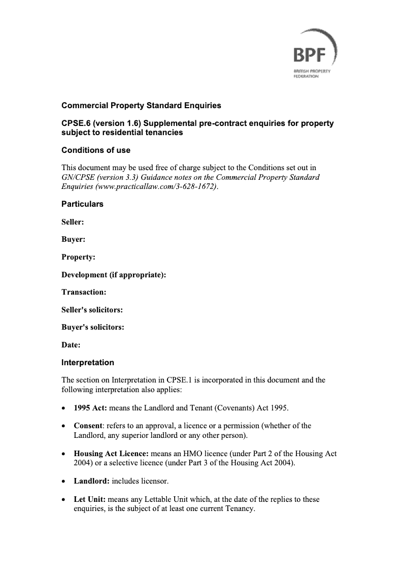 CPSE6 Supplemental Pre Contract Enquiries for Property Subject to Residential Tenancies preview