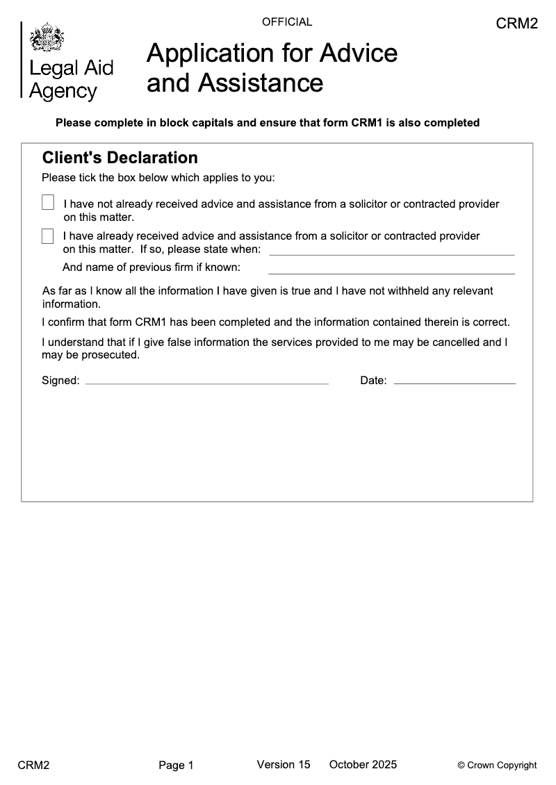 CRM2 Application for advice and assistance preview
